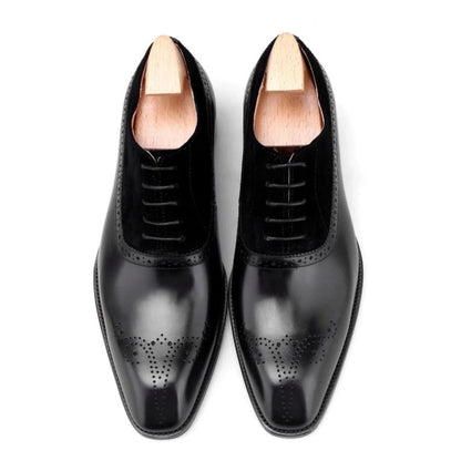 Black - Suede & Leather Brogue Derby Oxfords - Italian Square Toe | Hides&Cult