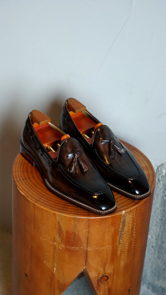 Dark Brown Hand Painted Patina Tassel Loafers | Hides&Cult