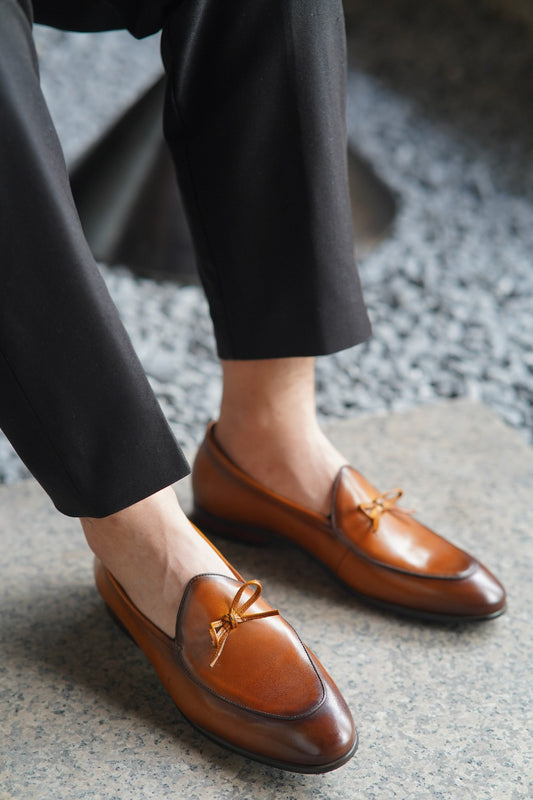 Tan Hand Painted Patina Casual Wedding Tassel Slip On Loafers | Hides&Cult