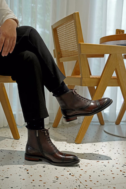 Black Lace Up Side Zip Military Style Leather Combat Boots | Hides&Cult