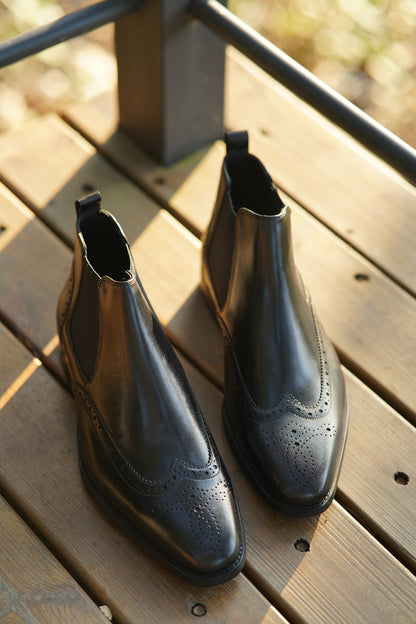 Black Wing Brogue Side Stretch Leather Chelsea Boots | Hides&Cult
