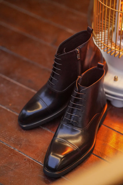 Tan Brown Mock Toe Side Zip Lace Up British Retro Style Leather Boots | Hides&Cult