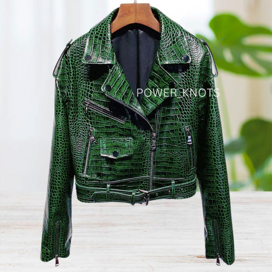 Mens Green Croc Embossed Effect Leather Jacket