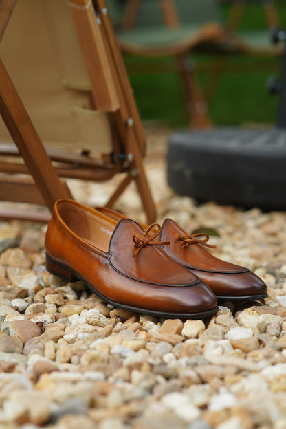 Tan Hand Painted Patina Casual Wedding Tassel Slip On Loafers | Hides&Cult