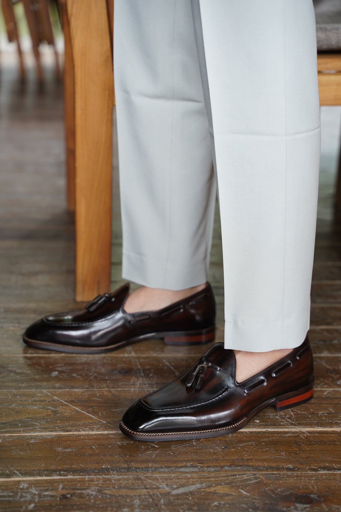 Dark Brown Hand Painted Patina Tassel Loafers | Hides&Cult