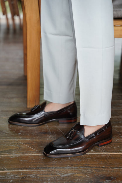 Dark Brown Hand Painted Patina Tassel Loafers | Hides&Cult