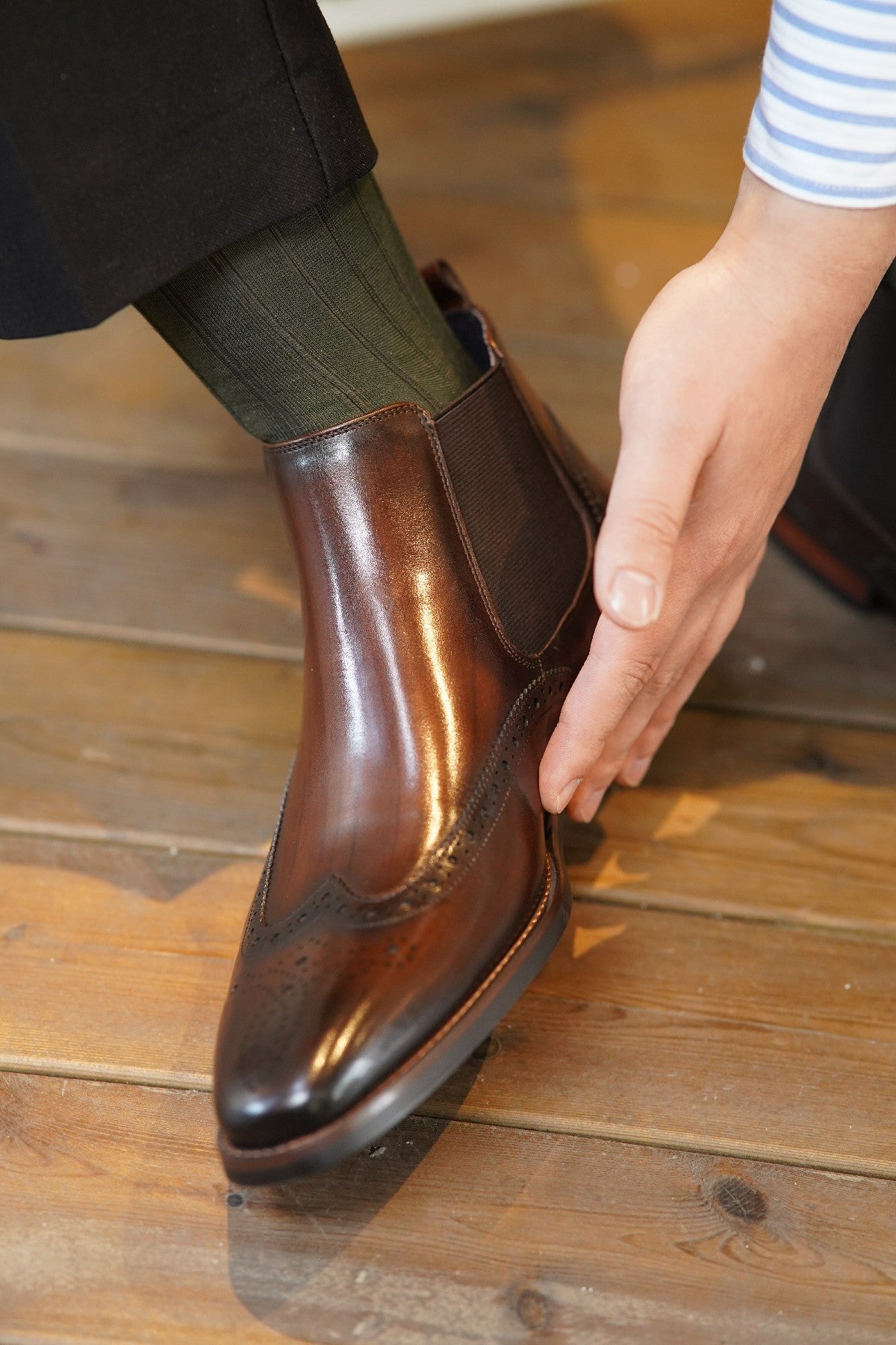 Brown Wing Brogue Side Stretch Leather Chelsea Boots | Hides&Cult