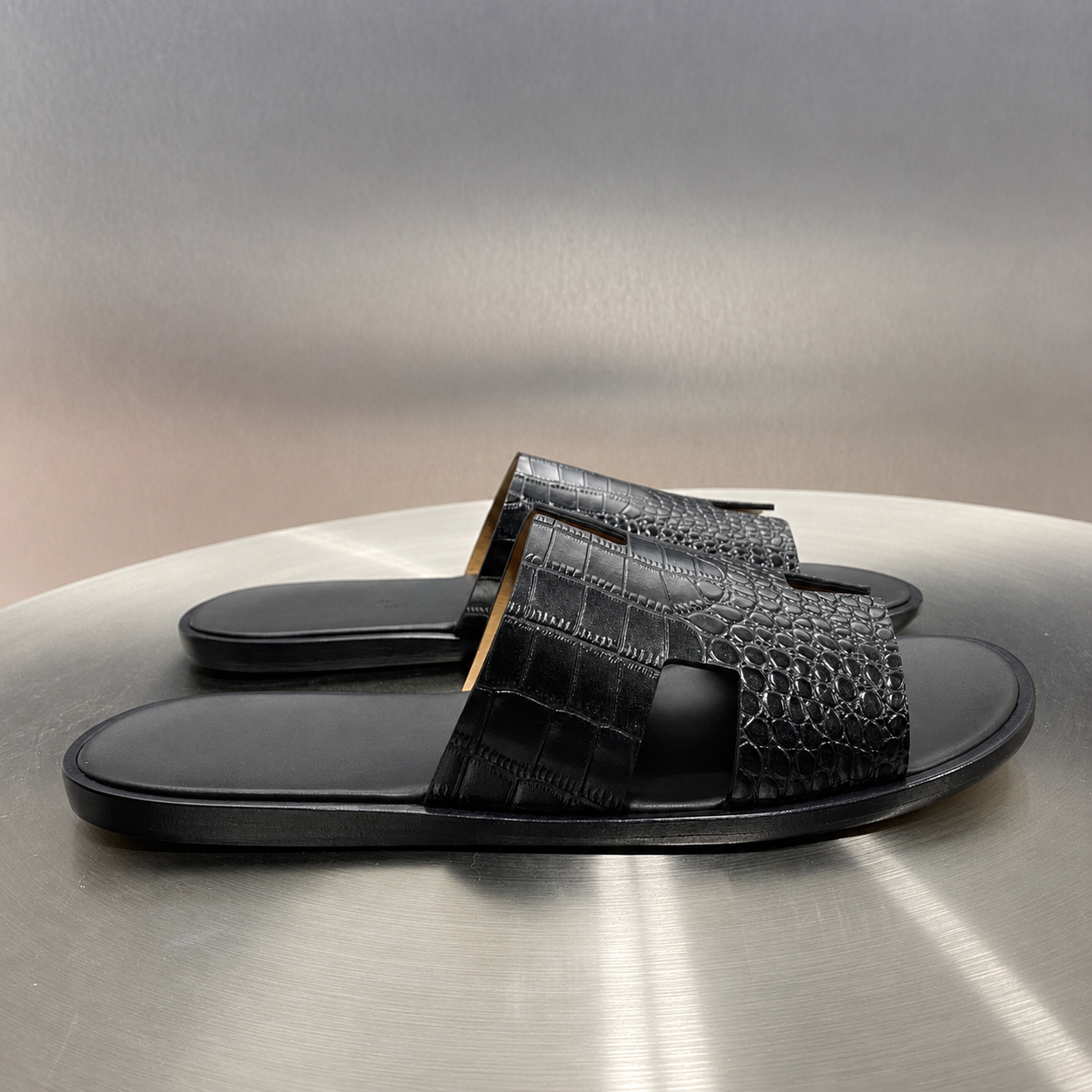 Austin Mens Slippers in Black Croc Leather | Hides&Cult