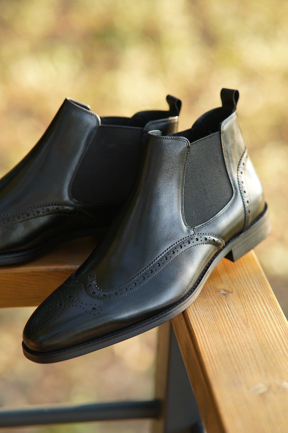 Black Wing Brogue Side Stretch Leather Chelsea Boots | Hides&Cult