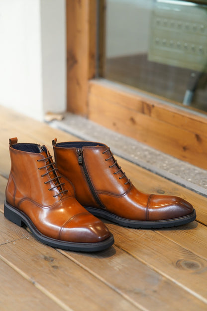 Tan Brown Mock Toe Side Zip Lace Up British Retro Style Leather Boots | Hides&Cult