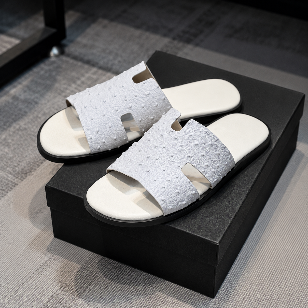 Austin Mens Slippers in White Ostrich Leather | Hides&Cult