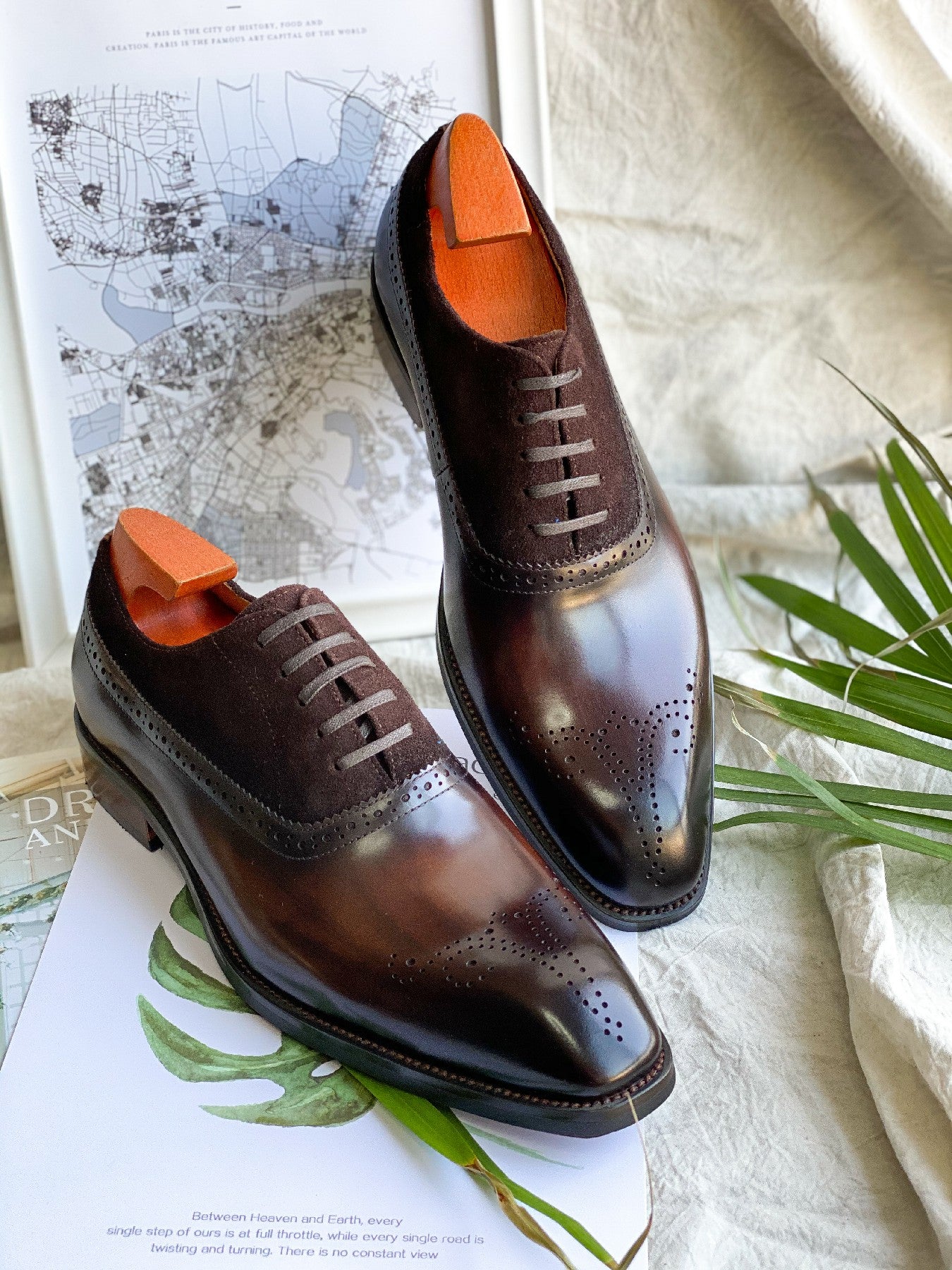 Patina Brown - Suede & Leather Brogue Derby Oxfords - Italian Square Toe | Hides&Cult