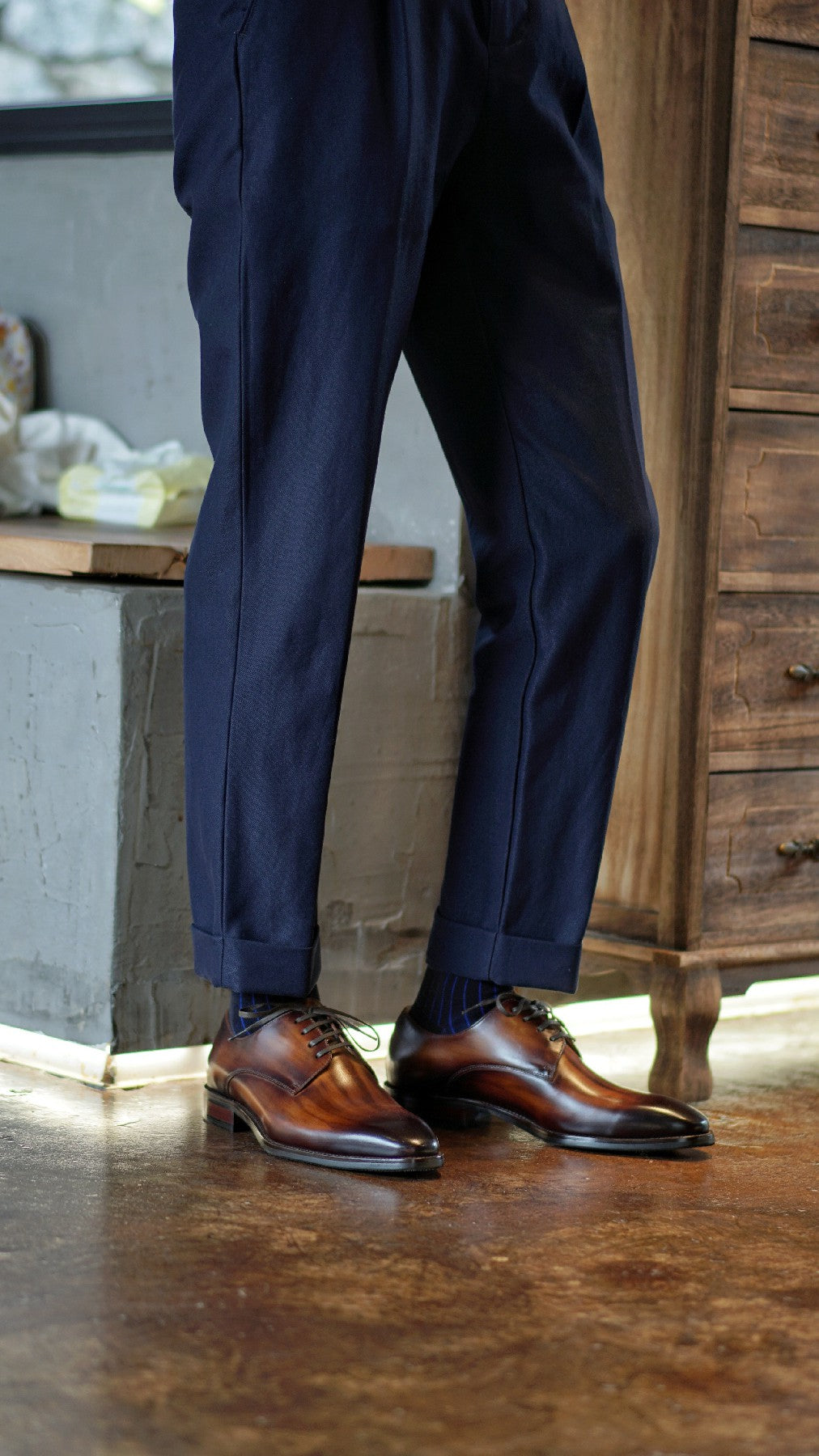 Tan Patina Stroke Finish Effect Derby Lace Up Shoes - Pointed Toe | Hides&Cult