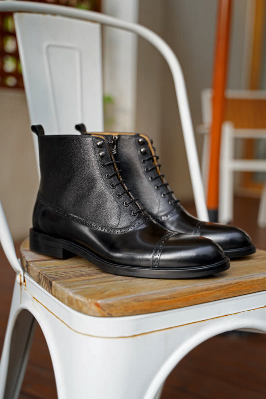 Black Lace Up Side Zip Military Style Leather Combat Boots | Hides&Cult