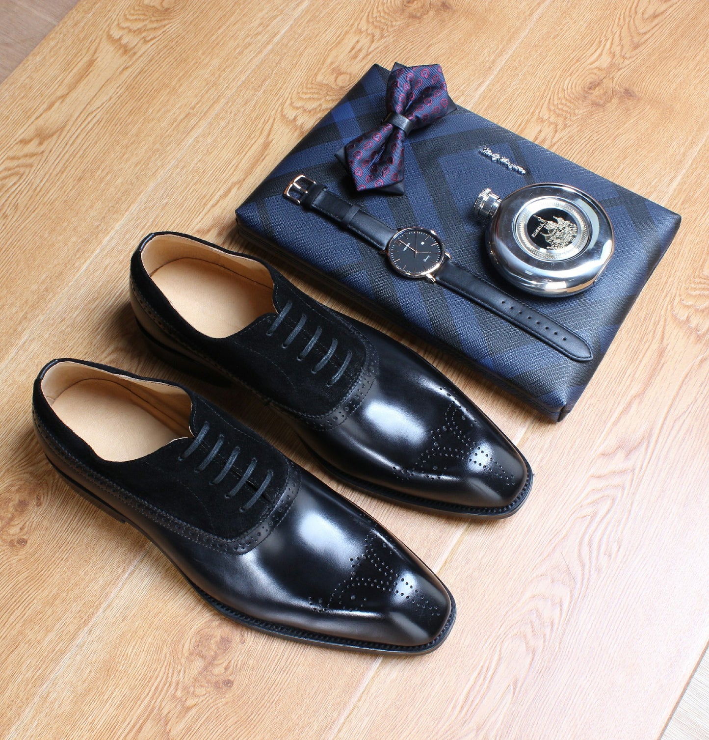 Black - Suede & Leather Brogue Derby Oxfords - Italian Square Toe | Hides&Cult