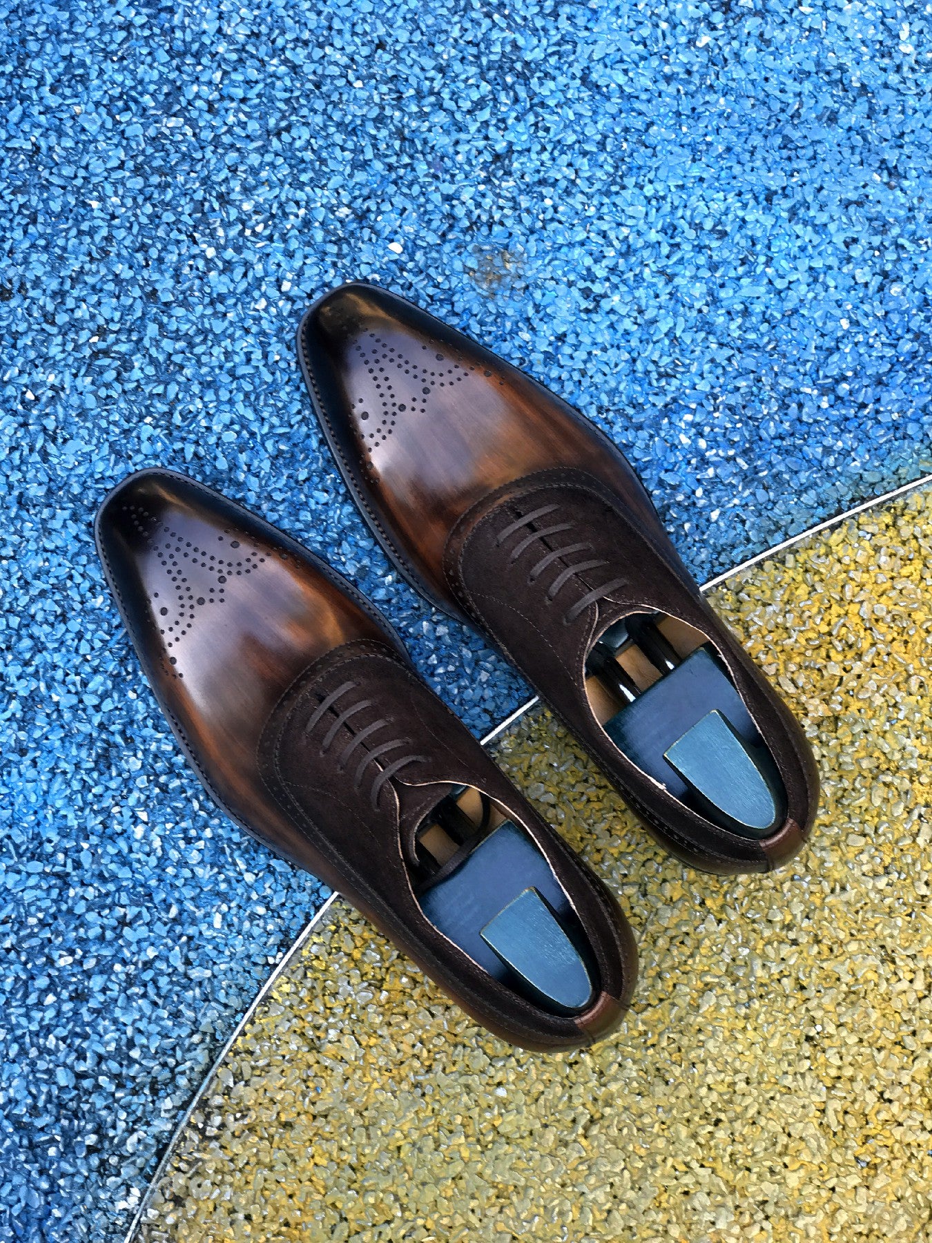 Patina Brown - Suede & Leather Brogue Derby Oxfords - Italian Square Toe | Hides&Cult
