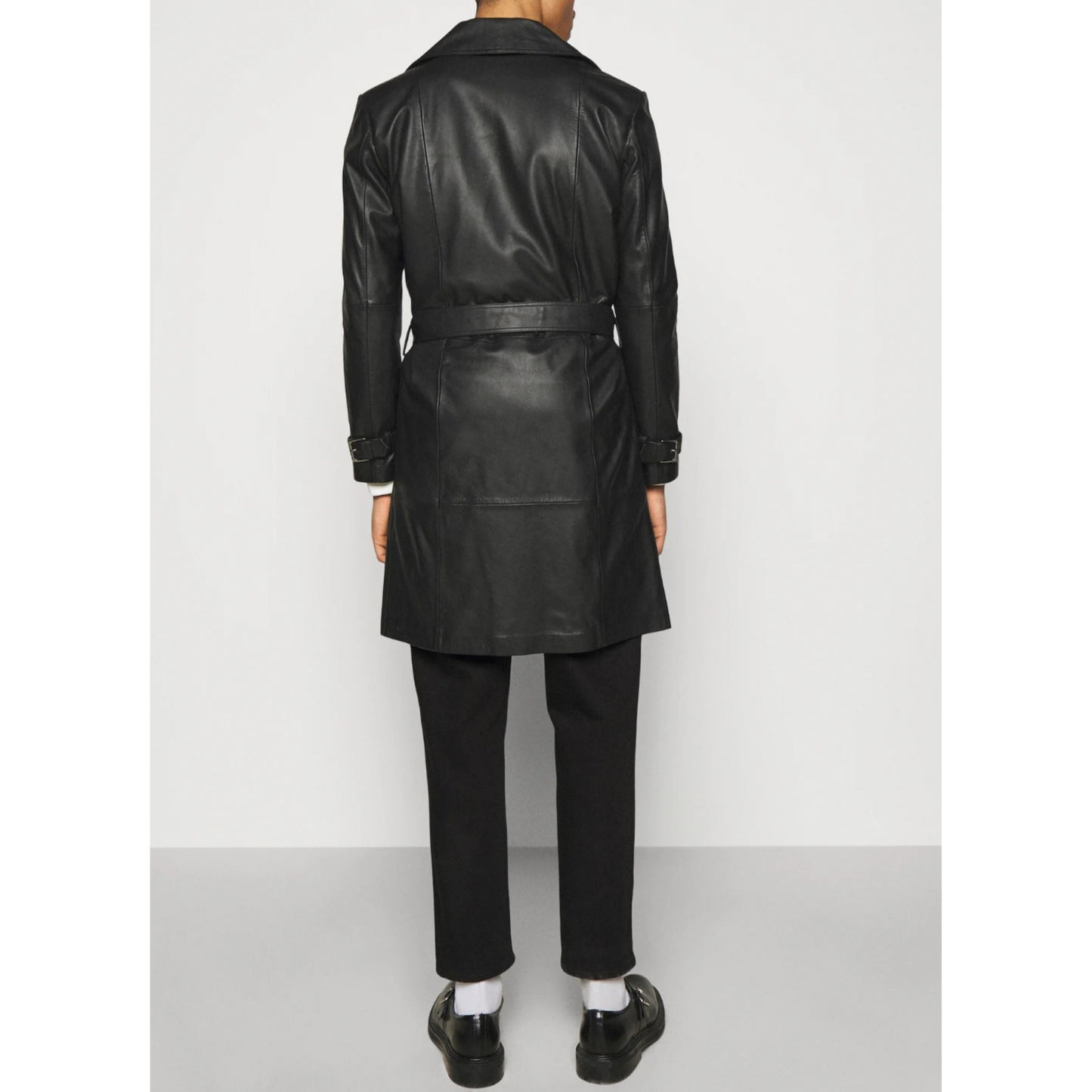 Back full view of men’s black belted genuine leather trench coat, long full-grain leather car coat with clean lines and tailored silhouette by Hides & Cult.