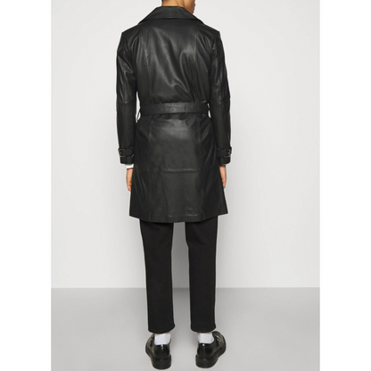 Back full view of men’s black belted genuine leather trench coat, long full-grain leather car coat with clean lines and tailored silhouette by Hides & Cult.