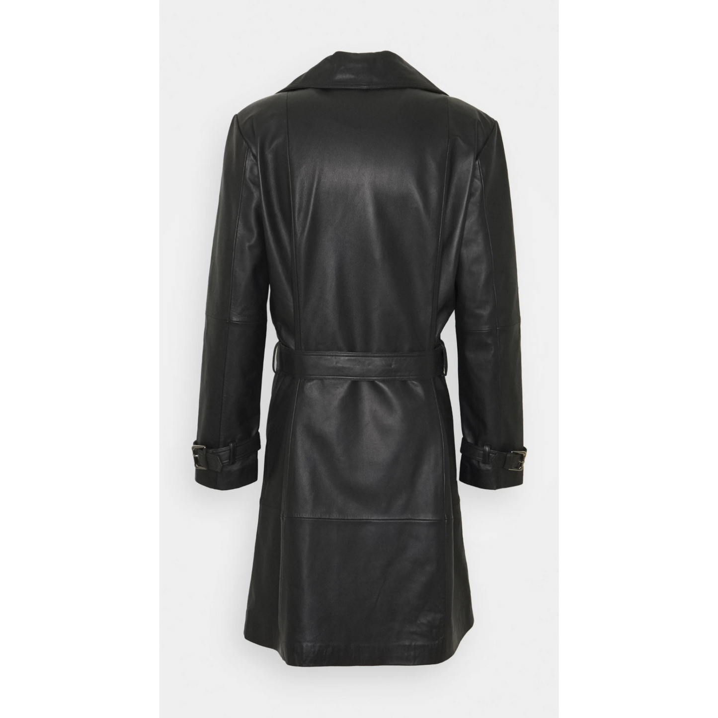 Back view of men’s black full-grain leather belted car coat with classic trench styling and durable craftsmanship by Hides & Cult