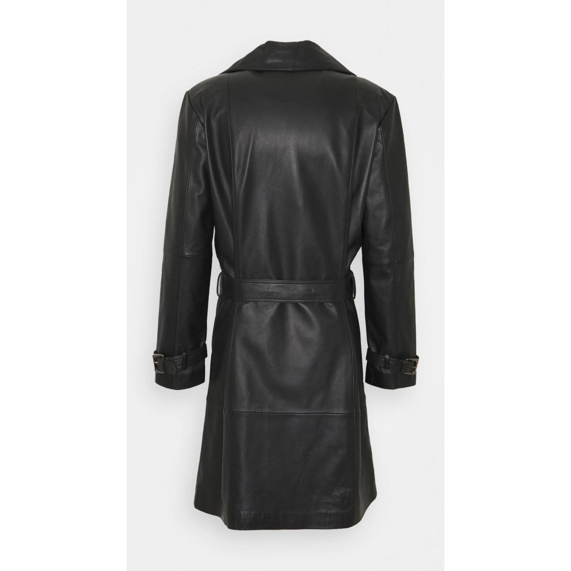 Back view of men’s black full-grain leather belted car coat with classic trench styling and durable craftsmanship by Hides & Cult