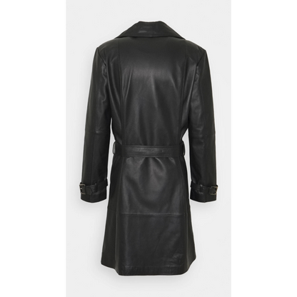 Back view of men’s black full-grain leather belted car coat with classic trench styling and durable craftsmanship by Hides & Cult