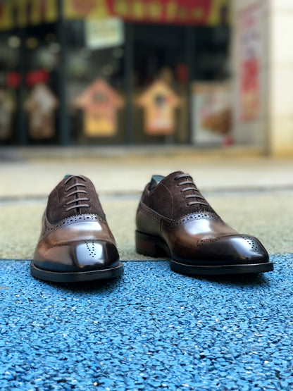Patina Brown - Suede & Leather Brogue Derby Oxfords - Italian Square Toe | Hides&Cult