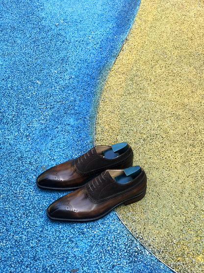 Patina Brown - Suede & Leather Brogue Derby Oxfords - Italian Square Toe | Hides&Cult