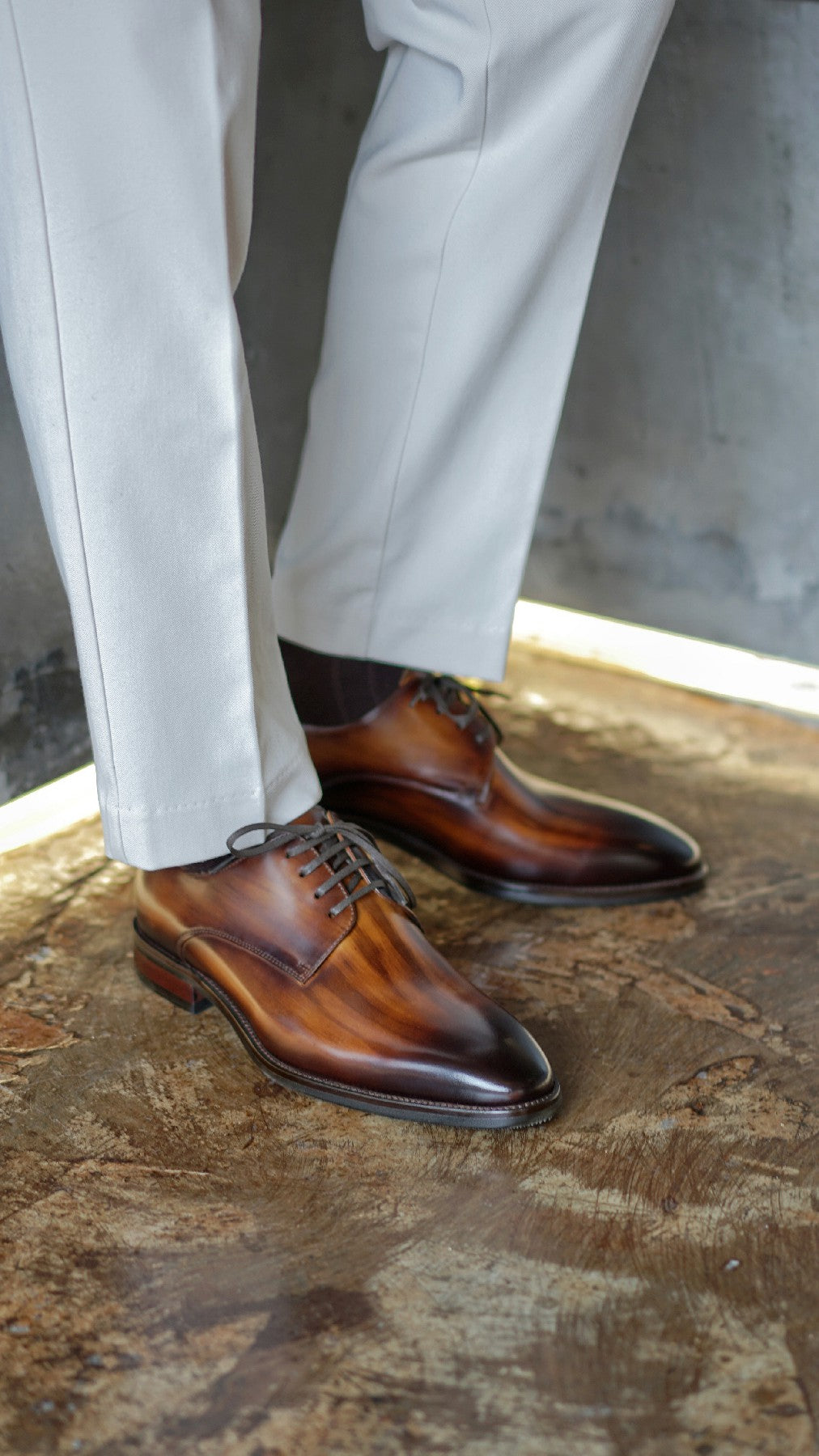 Tan Patina Stroke Finish Effect Derby Lace Up Shoes - Pointed Toe | Hides&Cult