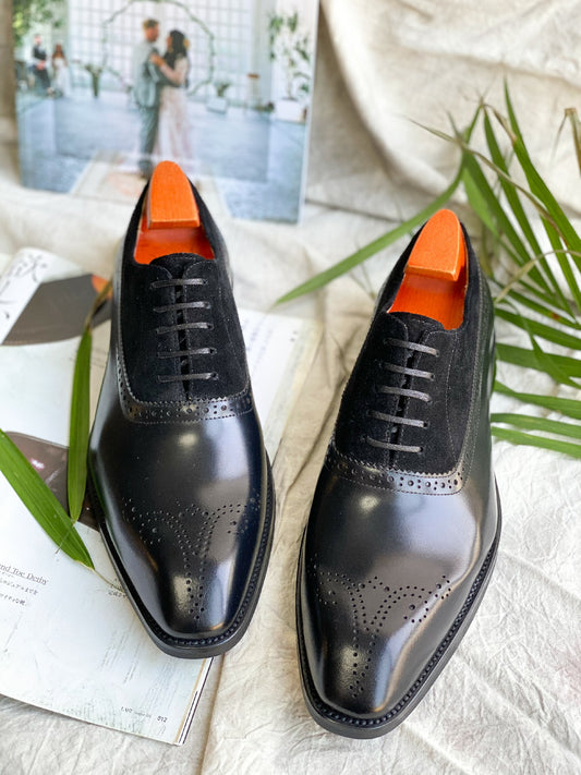 Black - Suede & Leather Brogue Derby Oxfords - Italian Square Toe | Hides&Cult