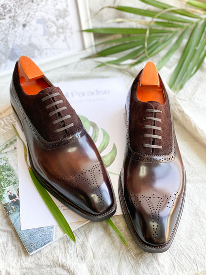 Patina Brown - Suede & Leather Brogue Derby Oxfords - Italian Square Toe | Hides&Cult
