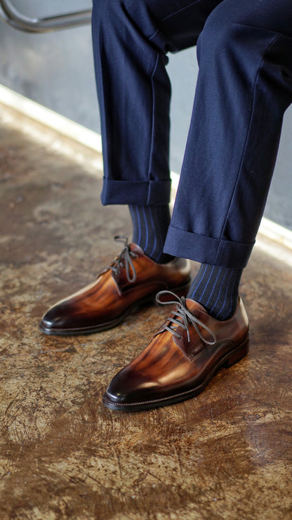 Tan Patina Stroke Finish Effect Derby Lace Up Shoes - Pointed Toe | Hides&Cult