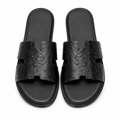 Austin Mens Slippers in Black Ostrich Leather | Hides&Cult