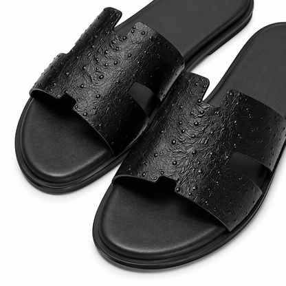 Austin Mens Slippers in Black Ostrich Leather | Hides&Cult