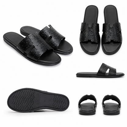Austin Mens Slippers in Black Ostrich Leather | Hides&Cult