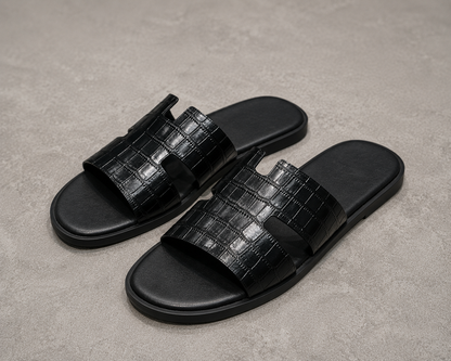 Austin Mens Slippers in Black Croco Leather | Hides&Cult