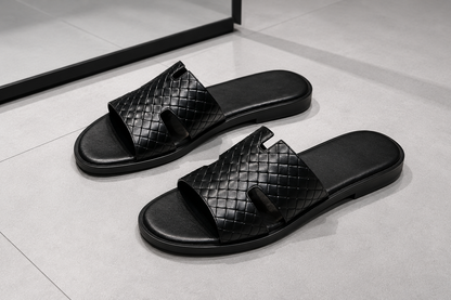 Austin Mens Slippers in Black Effect Leather | Hides&Cult