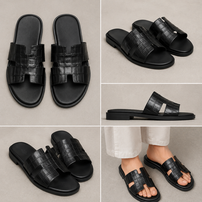 Austin Mens Slippers in Black Croc Leather | Hides&Cult