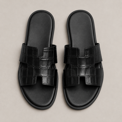 Austin Mens Slippers in Black Croc Leather | Hides&Cult