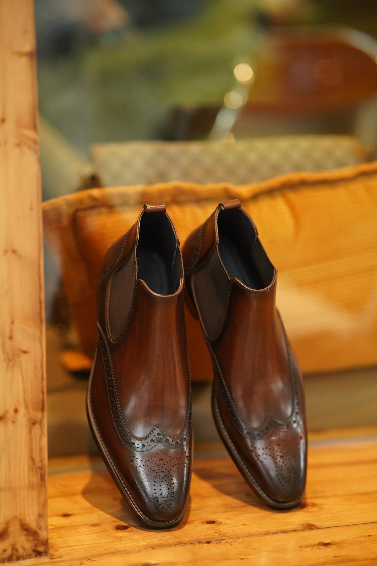 Brown Wing Brogue Side Stretch Leather Chelsea Boots | Hides&Cult