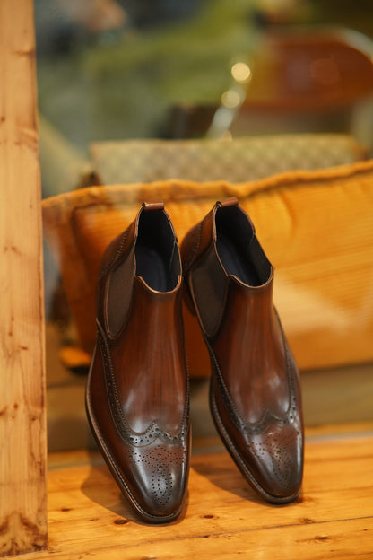 Brown Wing Brogue Side Stretch Leather Chelsea Boots | Hides&Cult