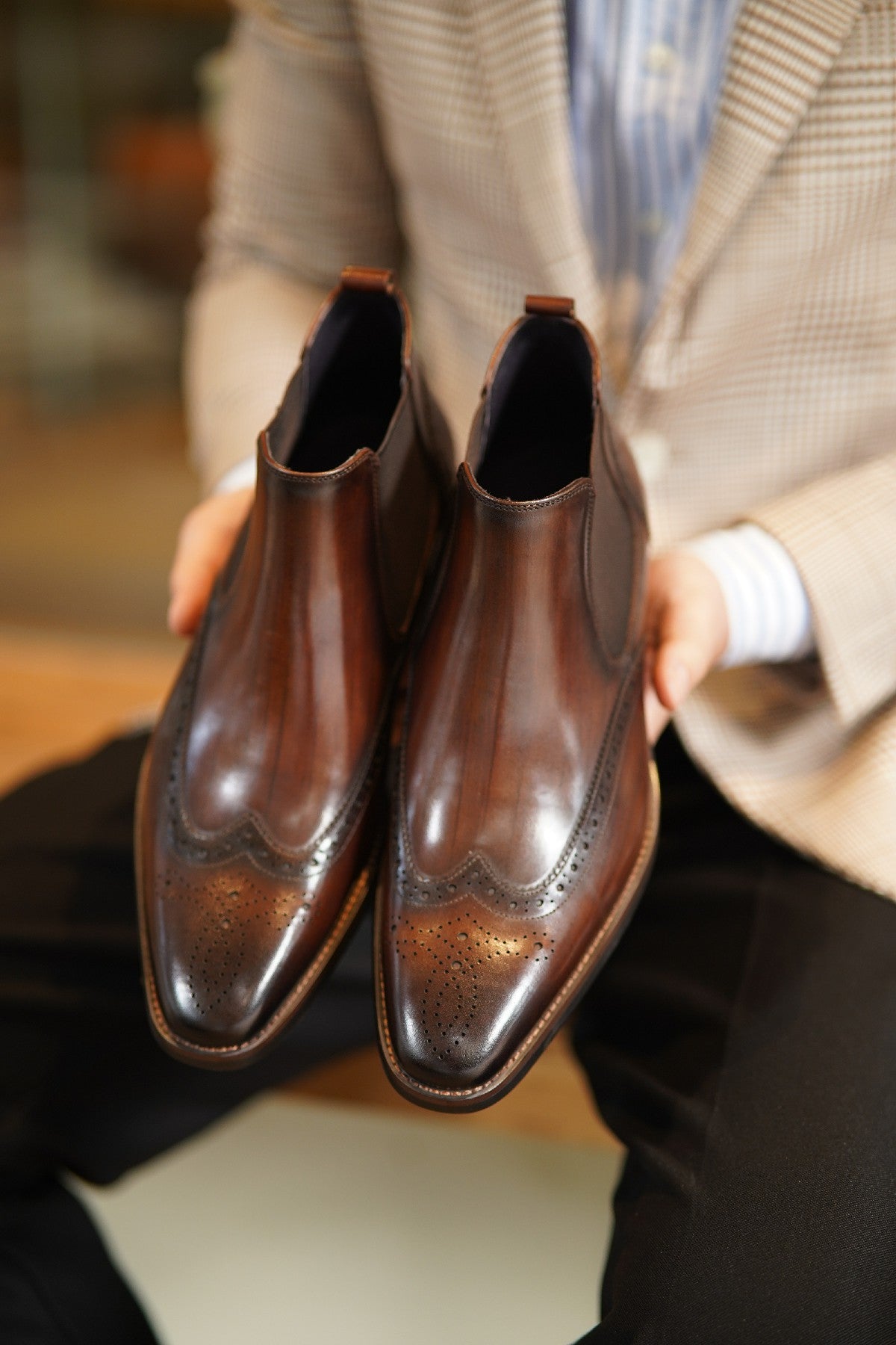 Brown Wing Brogue Side Stretch Leather Chelsea Boots | Hides&Cult