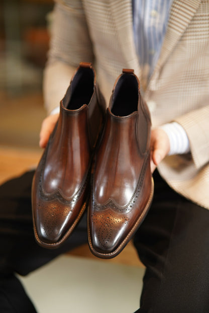 Brown Wing Brogue Side Stretch Leather Chelsea Boots | Hides&Cult