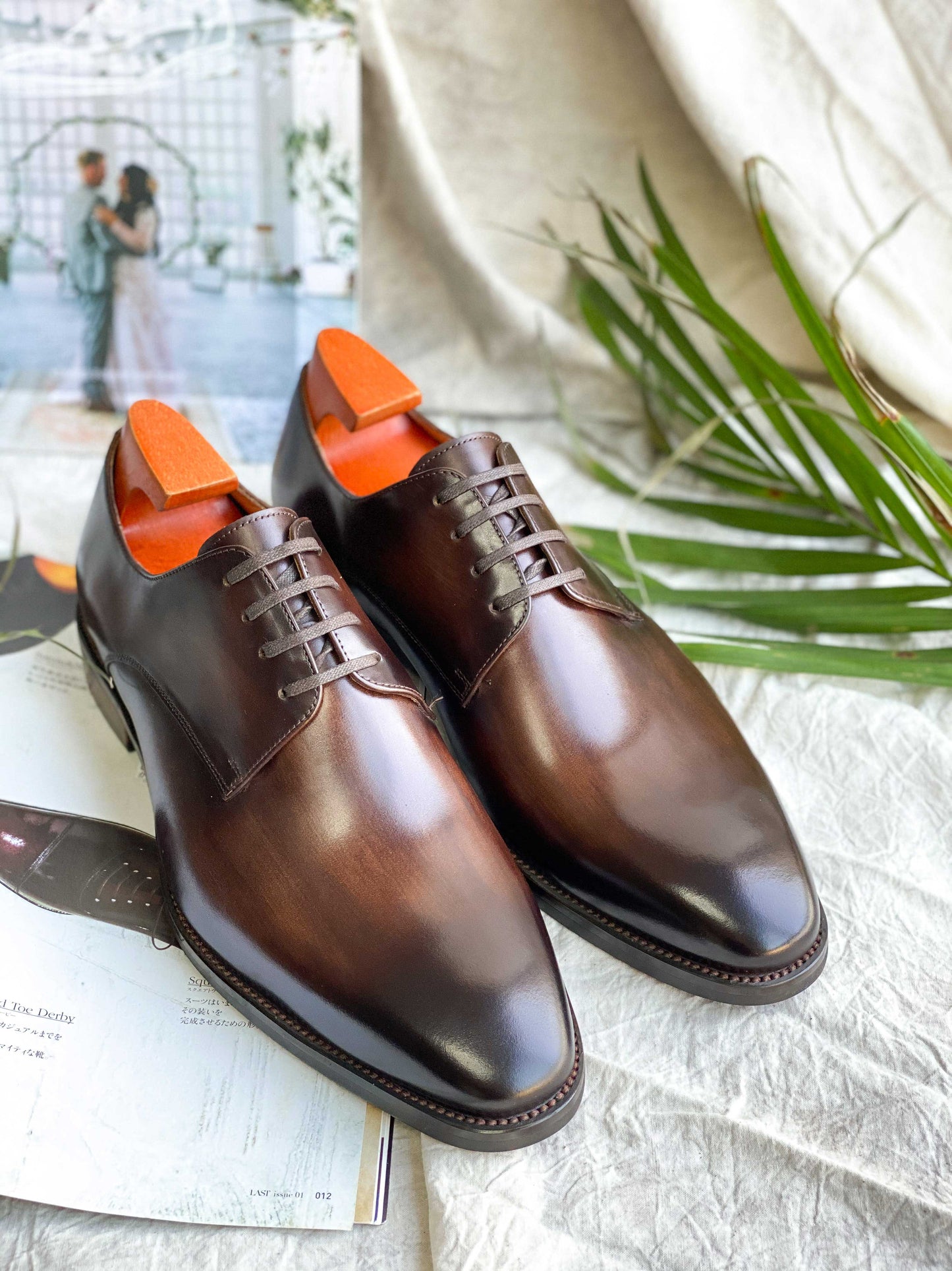 Dark Brown Patina Stroke Finish Effect Derby Lace Up Shoes - Pointed Toe | Hides&Cult