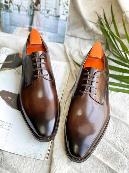 Dark Brown Patina Stroke Finish Effect Derby Lace Up Shoes - Pointed Toe | Hides&Cult