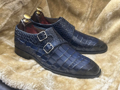 Croco Double Monk Strap Shoes - Deep Blue | Hides&Cult