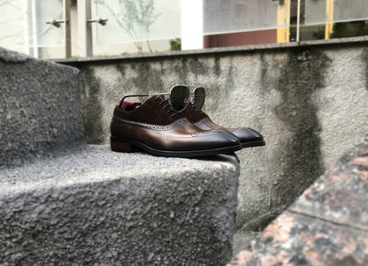 Patina Brown - Suede & Leather Brogue Derby Oxfords - Italian Square Toe | Hides&Cult