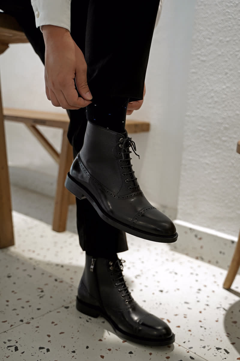 Black Lace Up Side Zip Military Style Leather Combat Boots | Hides&Cult