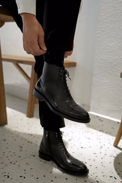 Black Lace Up Side Zip Military Style Leather Combat Boots | Hides&Cult