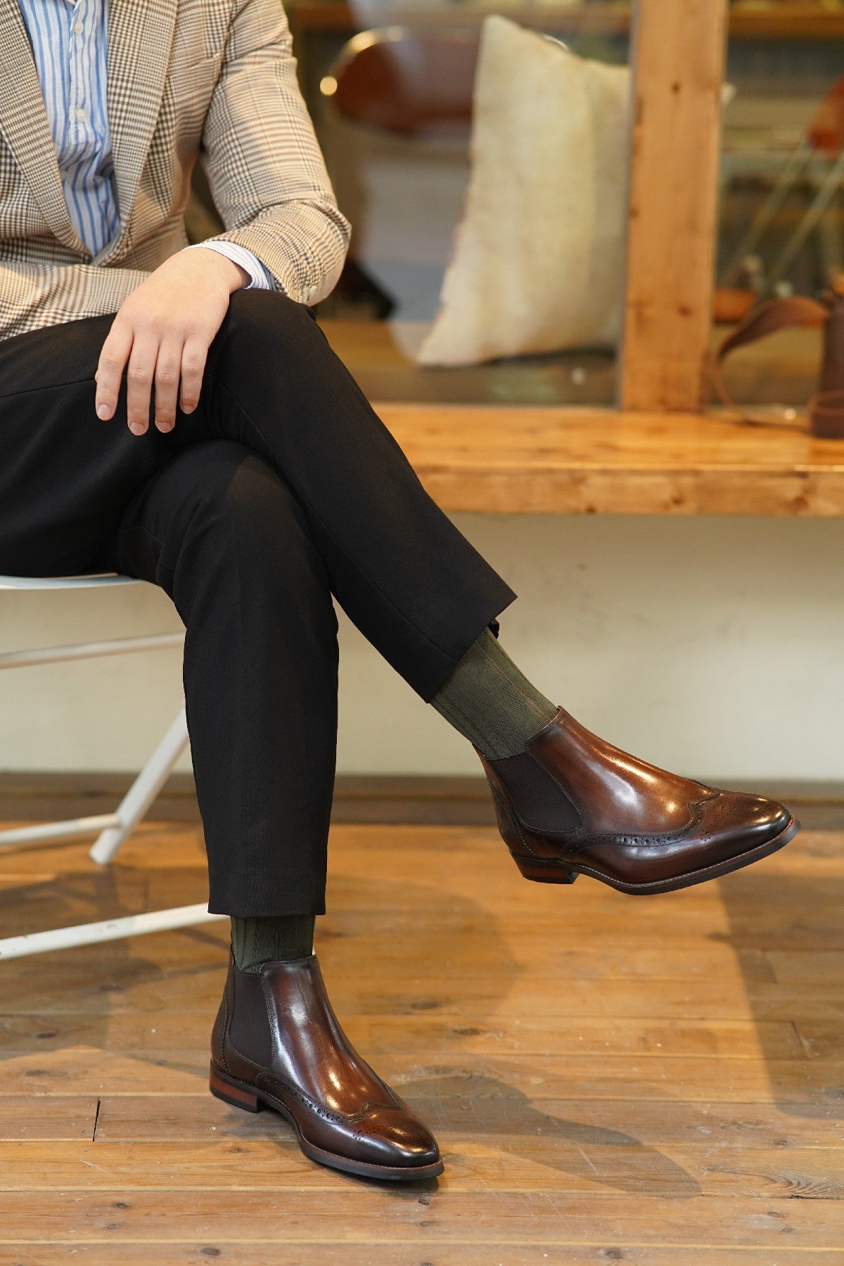 Brown Wing Brogue Side Stretch Leather Chelsea Boots | Hides&Cult