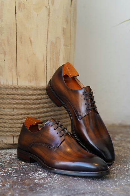 Tan Patina Stroke Finish Effect Derby Lace Up Shoes - Pointed Toe | Hides&Cult